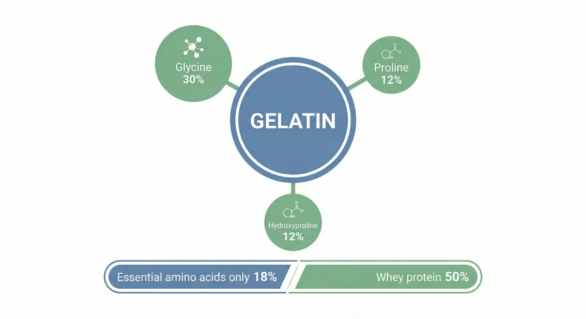 Infographic showing gelatin amino acid composition with glycine at 30 percent proline at 12 percent and hydroxyproline at 12 percent