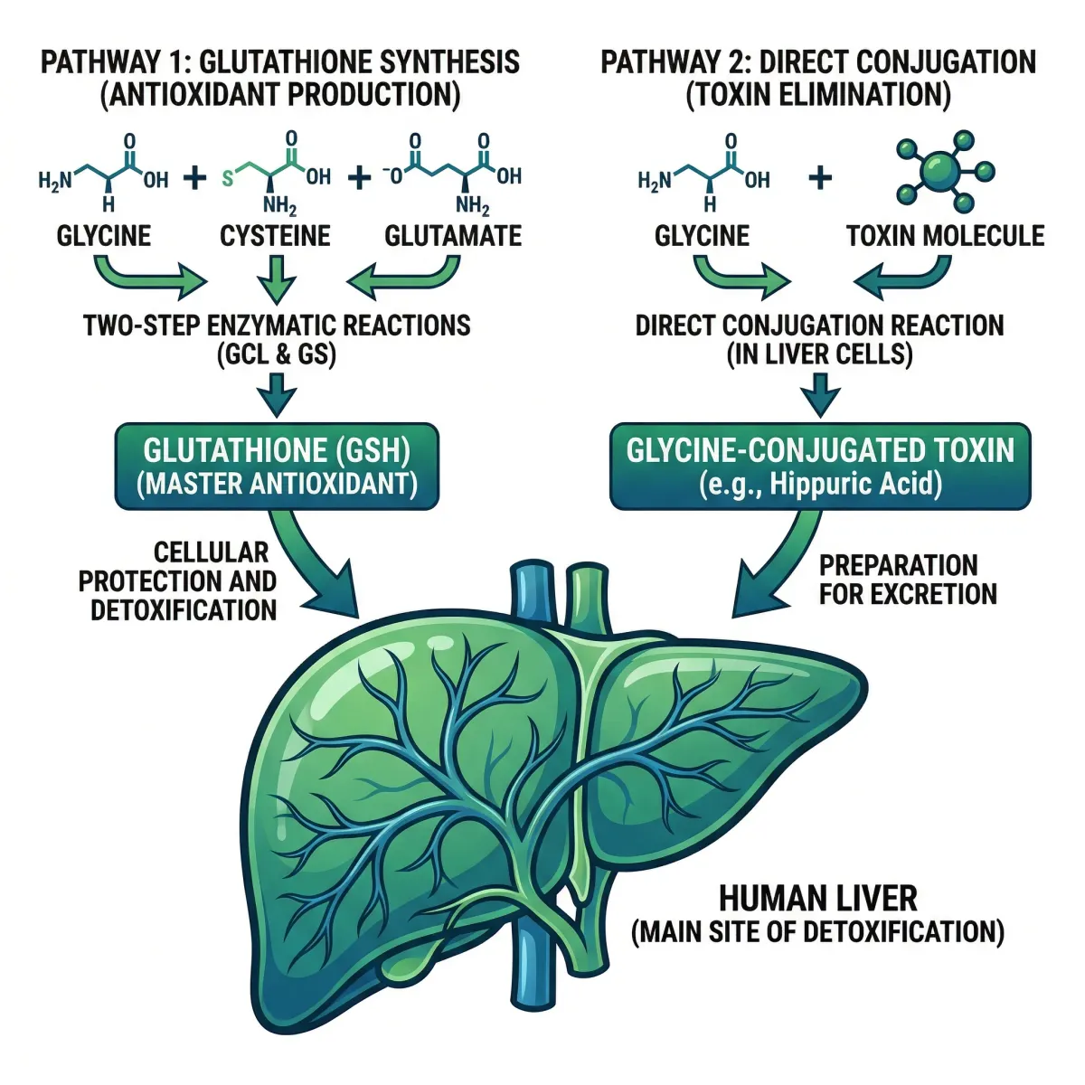Visual diagram showing glycine's dual detoxification pathways through glutathione synthesis and direct liver conjugation