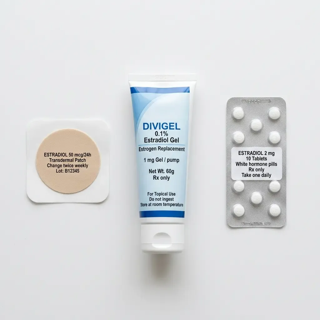 Side-by-side comparison of hormone therapy delivery methods showing transdermal patch on skin, oral pills, and topical gel application