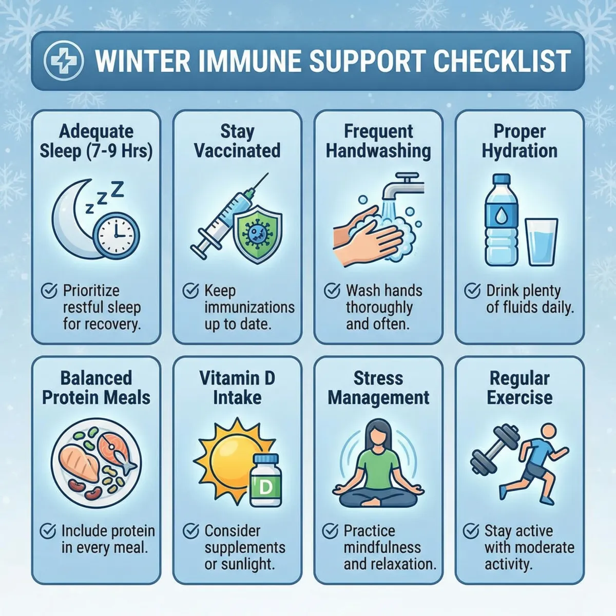 Infographic checklist showing winter immune habits including sleep, vaccination, handwashing, hydration, balanced meals, vitamin D, movement, and stress control