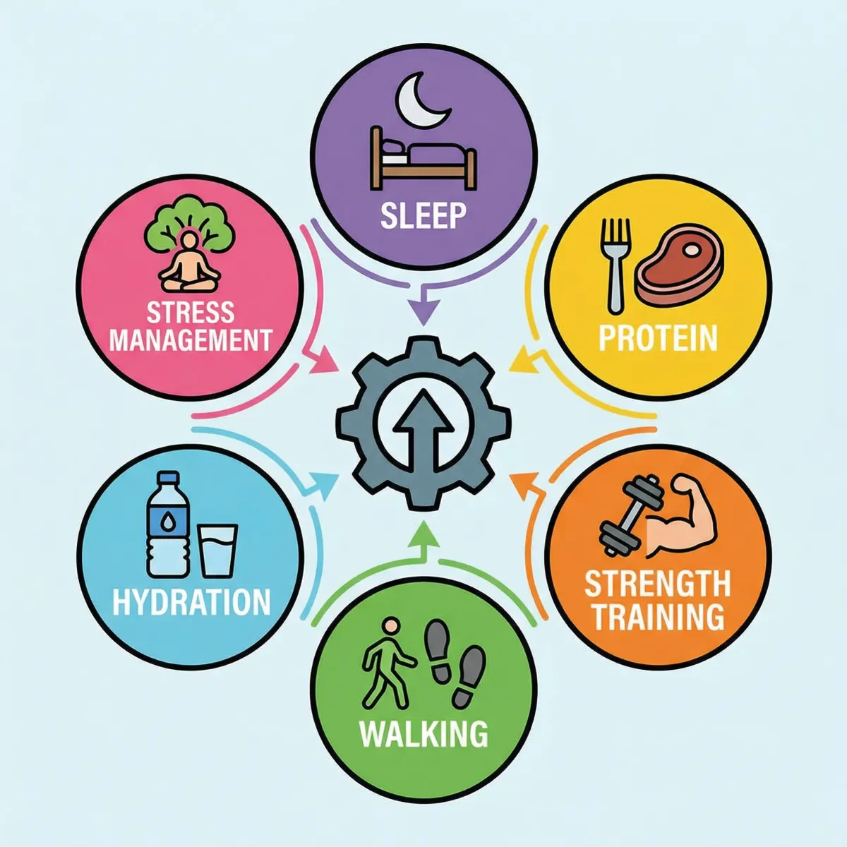 Infographic showing metabolism support pillars: sleep, protein, hydration, strength, walking, and stress control