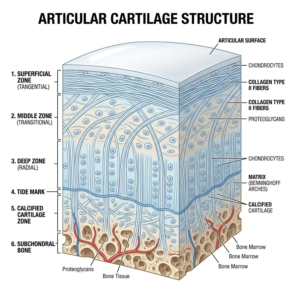 Cross-section illustration of a healthy knee joint showing cartilage and collagen structure