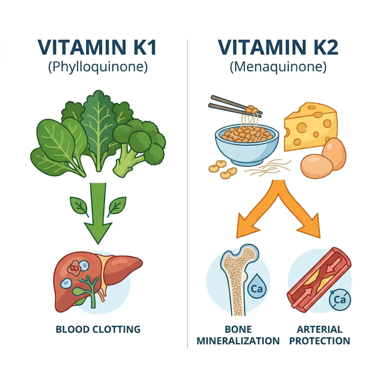 Infographic comparing vitamin K1 and K2 showing food sources, body distribution, and primary functions