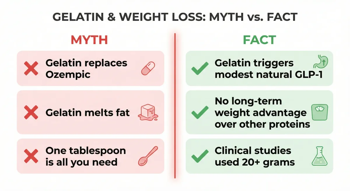 Side by side comparison table showing common gelatin weight loss myths versus what published research actually demonstrates
