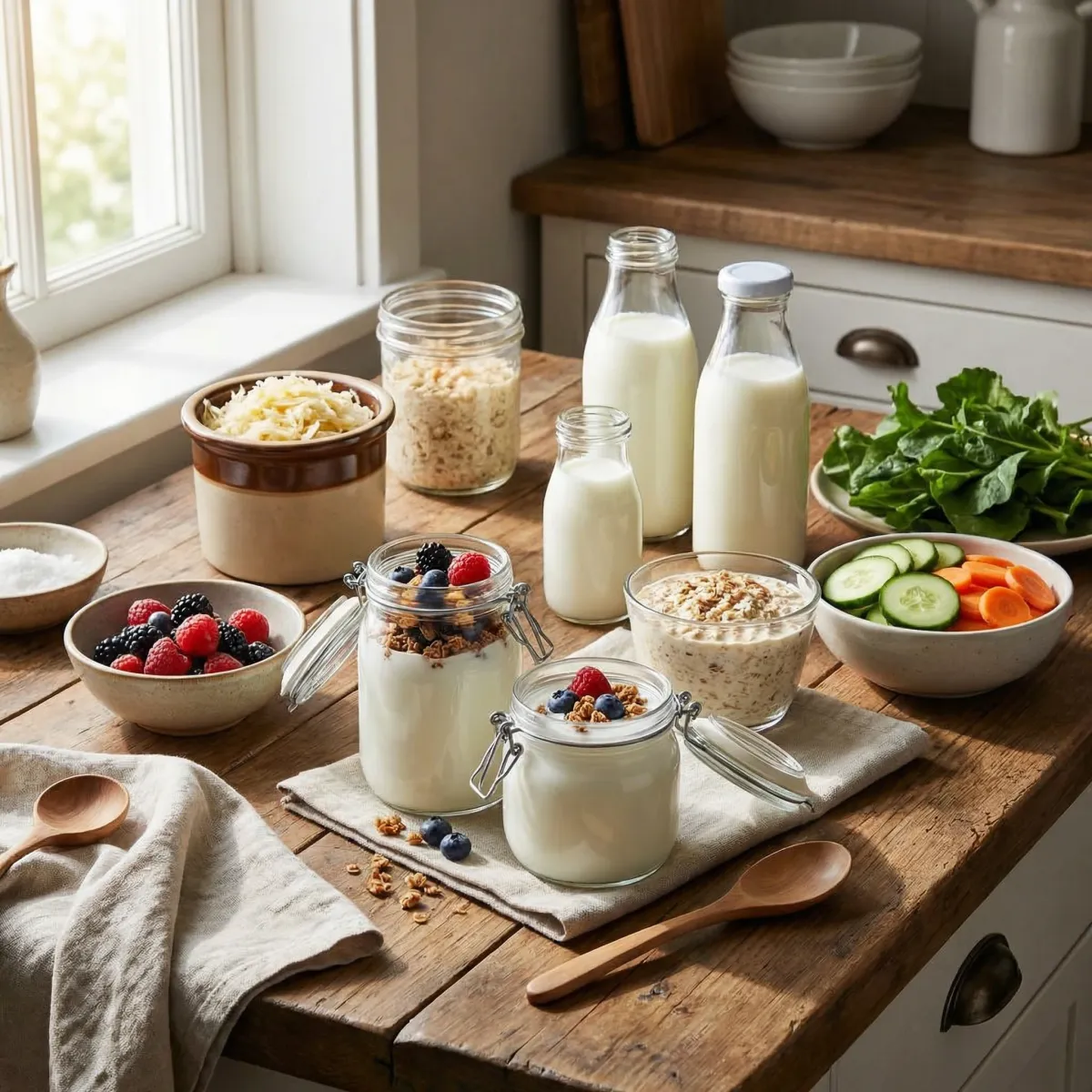 Kitchen table setup with probiotic foods including kefir, yogurt, fermented vegetables, berries, and oats.