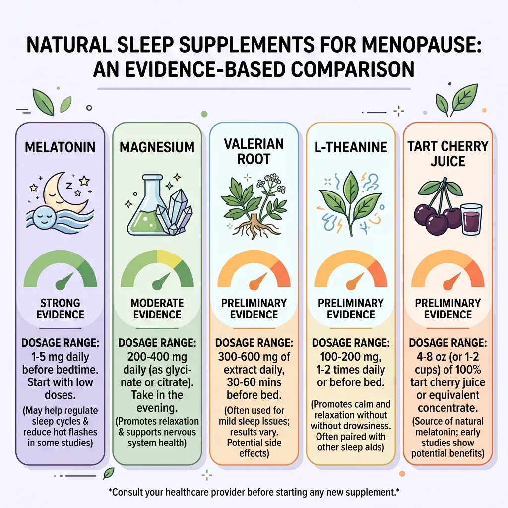 Infographic comparing melatonin, magnesium, valerian, and L-theanine for menopause sleep support with dosage ranges and evidence ratings