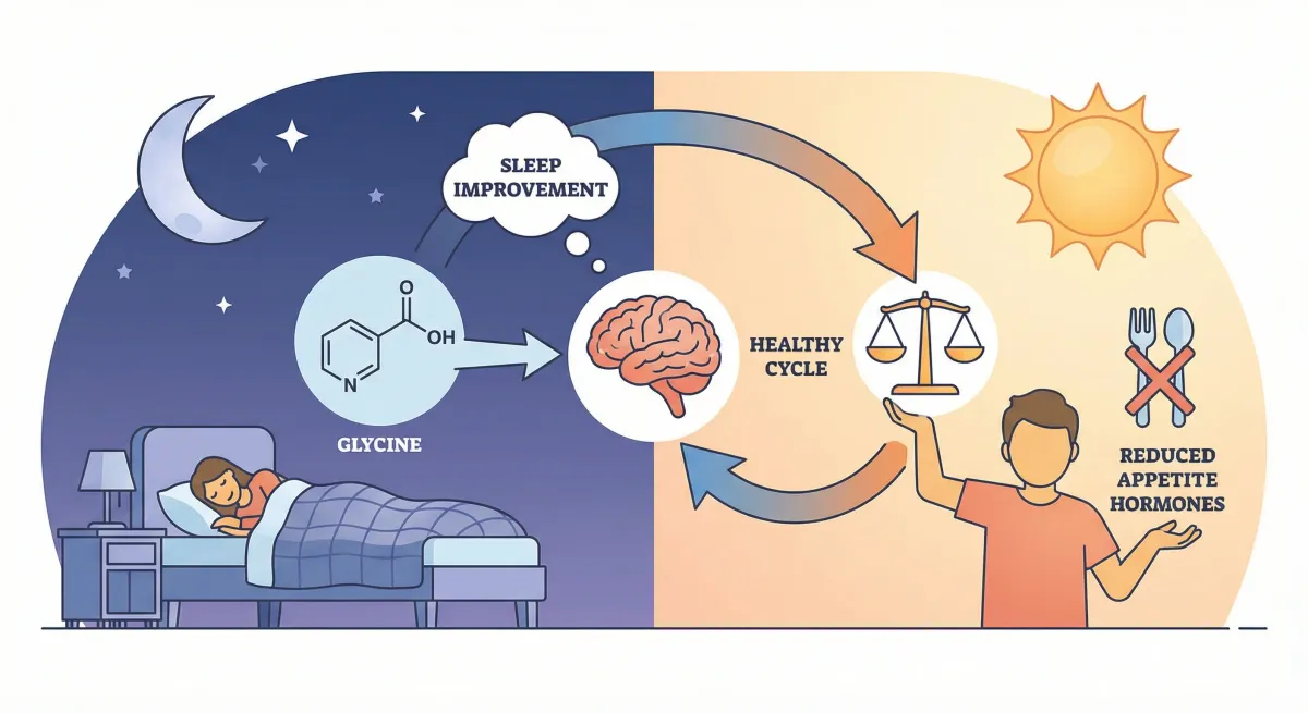 Split illustration showing glycine pathway from gelatin to improved sleep on one side and reduced appetite hormones on the other