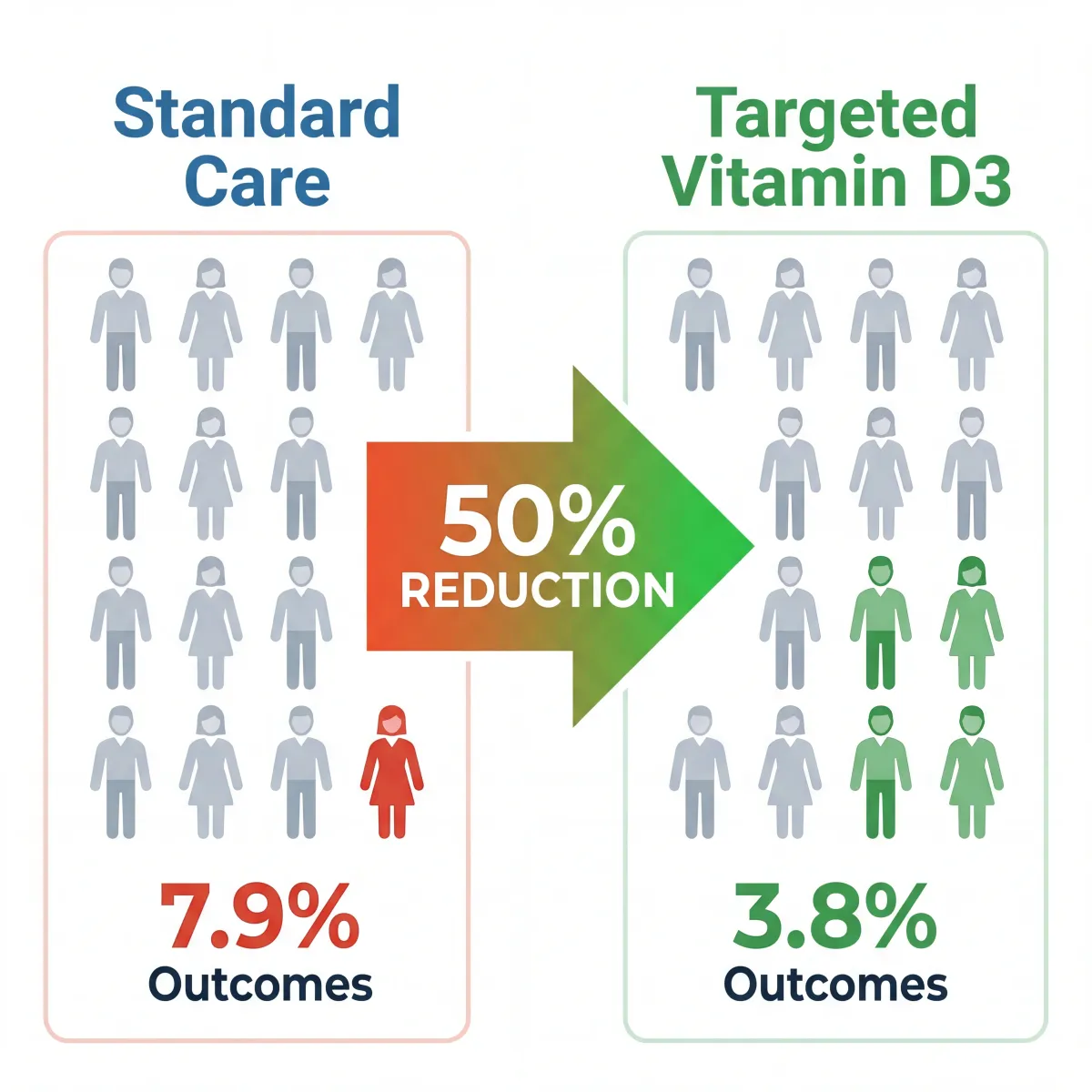 Infographic comparing TARGET-D trial outcomes showing 3.8 percent recurrent heart attack rate in vitamin D group versus 7.9 percent in control group