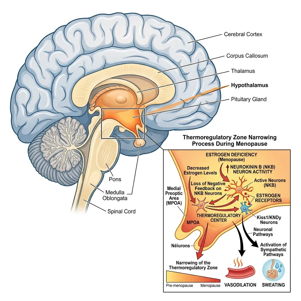 Diagram showing the hypothalamus thermoregulatory narrowing during menopause