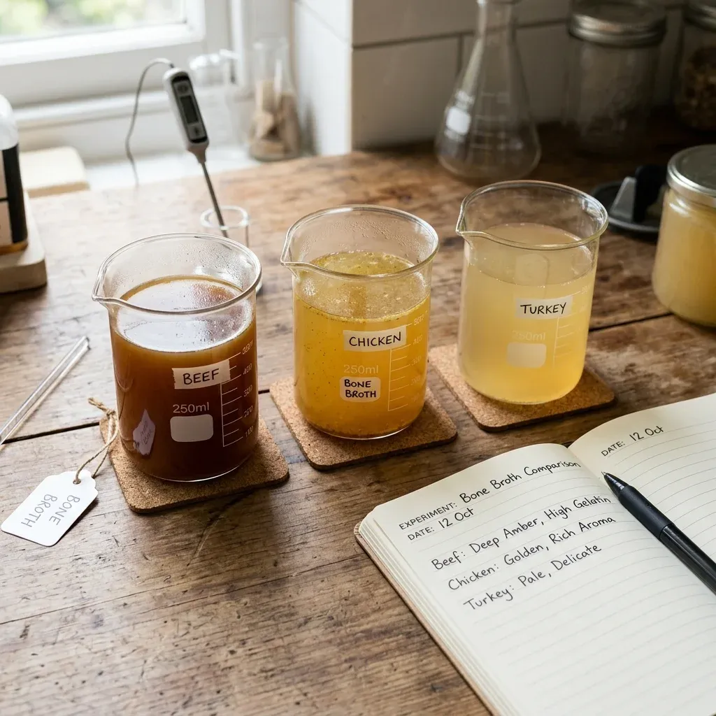 Three different bone broth samples showing visible variation