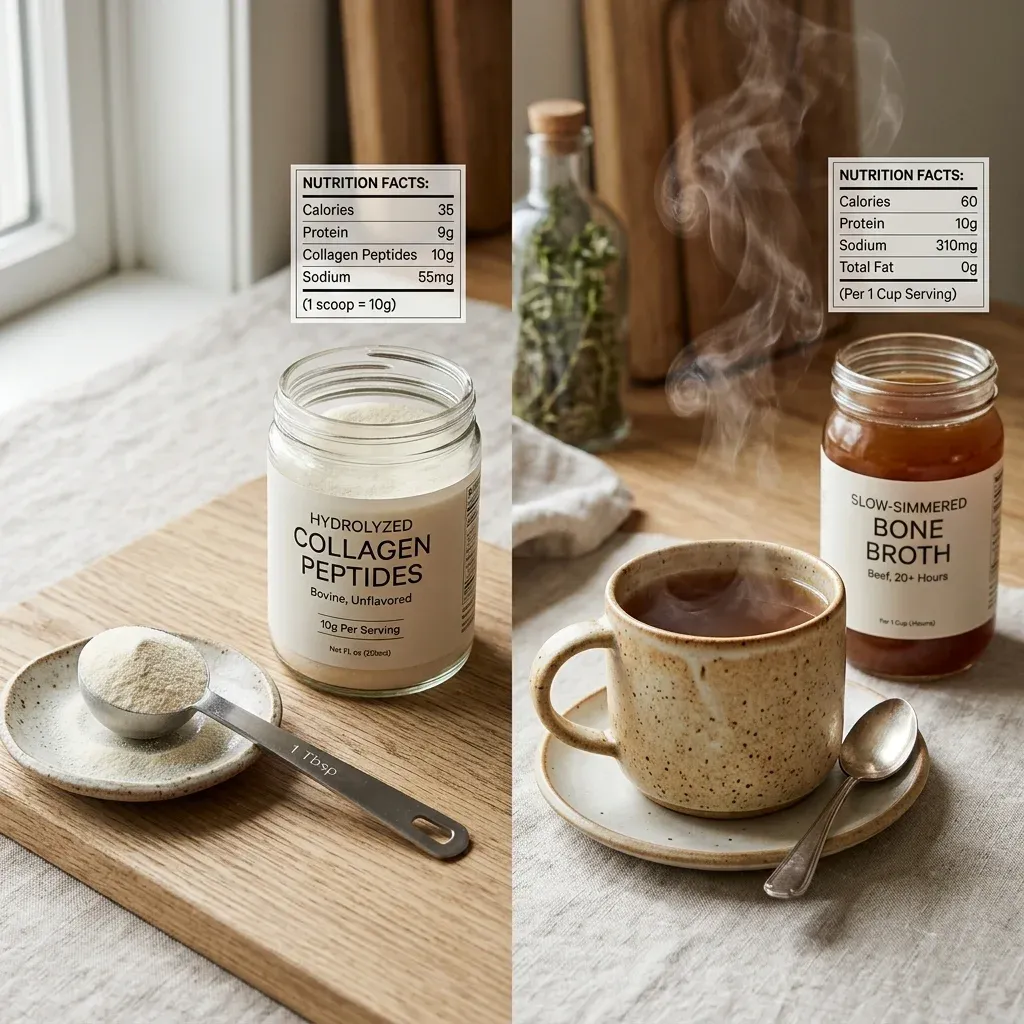 Collagen peptide powder compared with a cup of bone broth