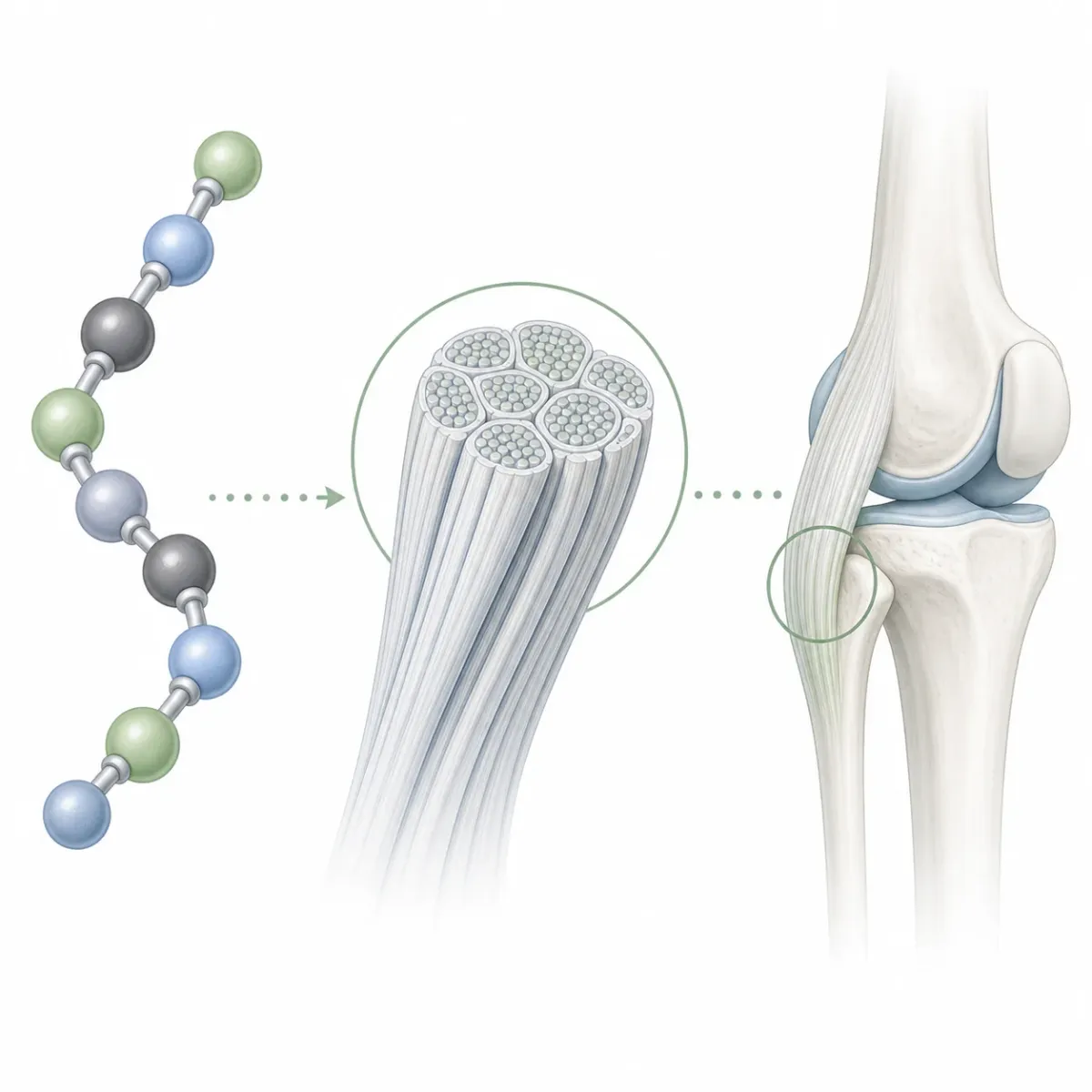 Diagram-style illustration of BPC-157 as a short peptide near tendon and joint tissue