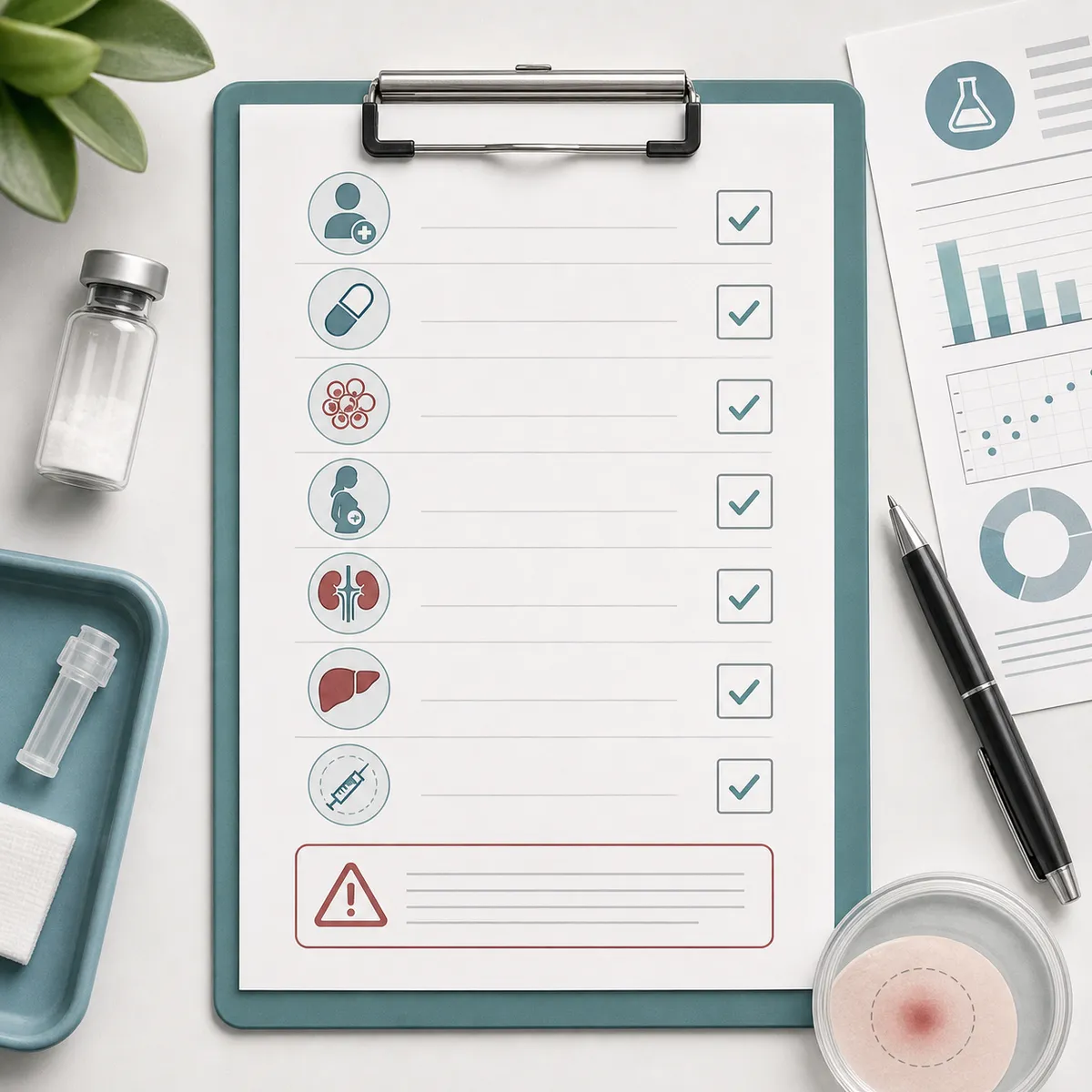 Safety checklist illustration for BPC-157 medical screening and monitoring