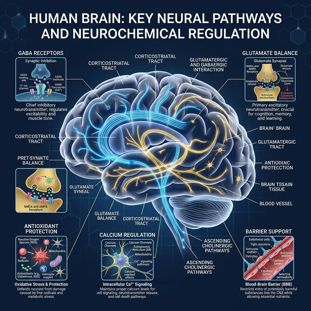 Illustration of a brain with highlighted neural pathways showing taurine protective mechanisms including GABA receptor activation and oxidative stress reduction