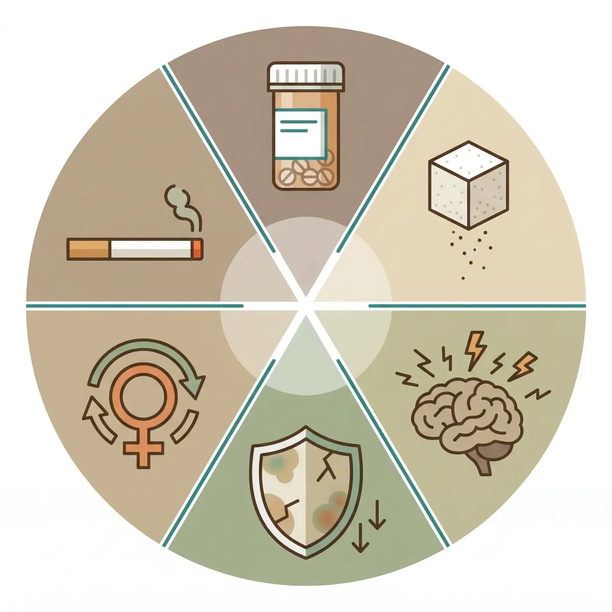 Infographic showing six common triggers of candida overgrowth including antibiotics, high sugar diet, stress, immune suppression, hormonal changes, and smoking