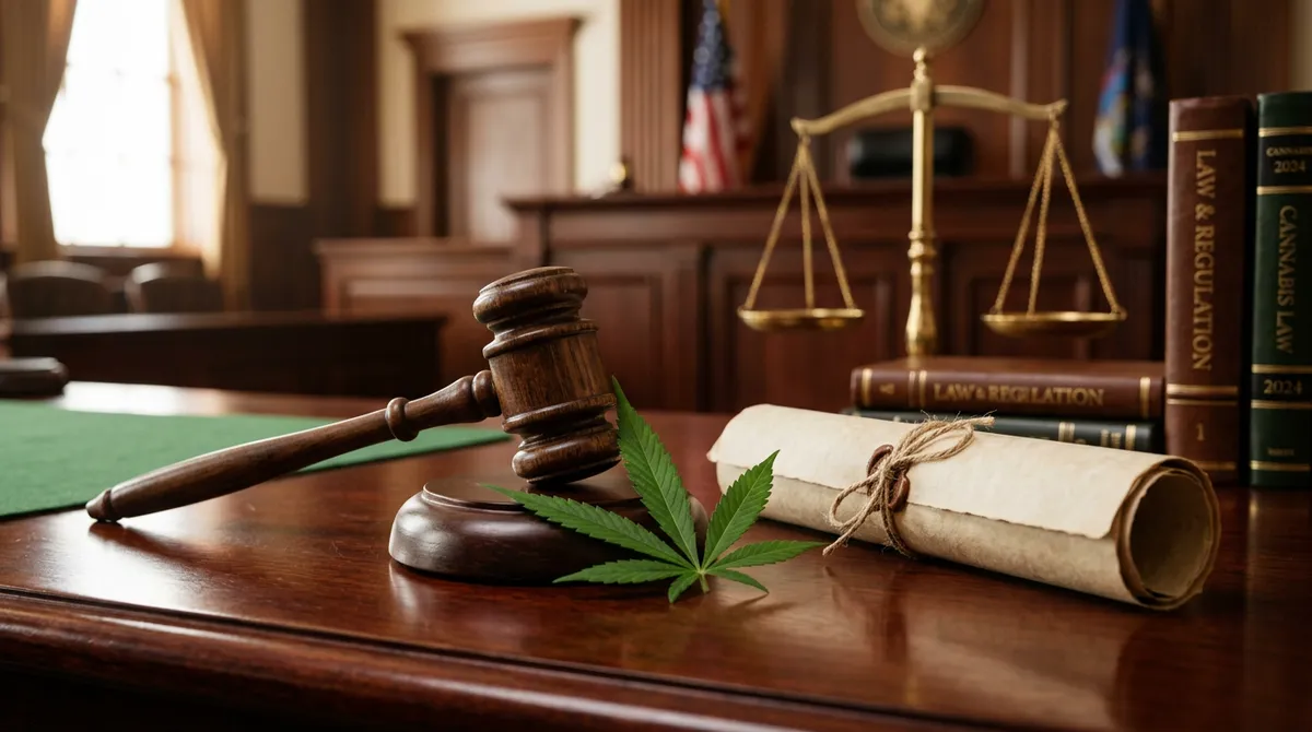 Editorial photograph of a judge gavel next to a cannabis leaf representing cannabis legal status and regulation