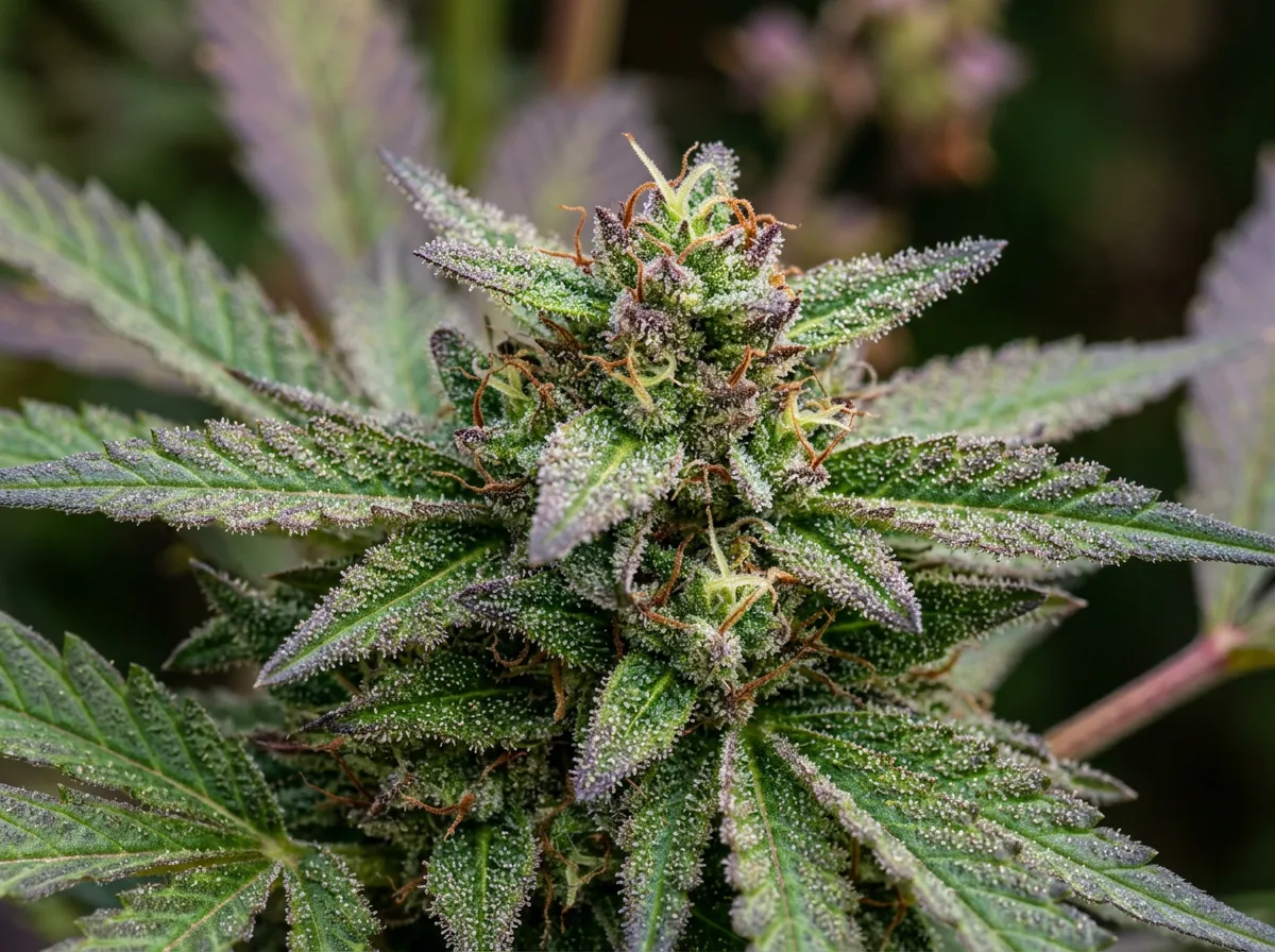 Close-up macro photograph of a cannabis sativa plant showing detailed trichomes and leaf structure