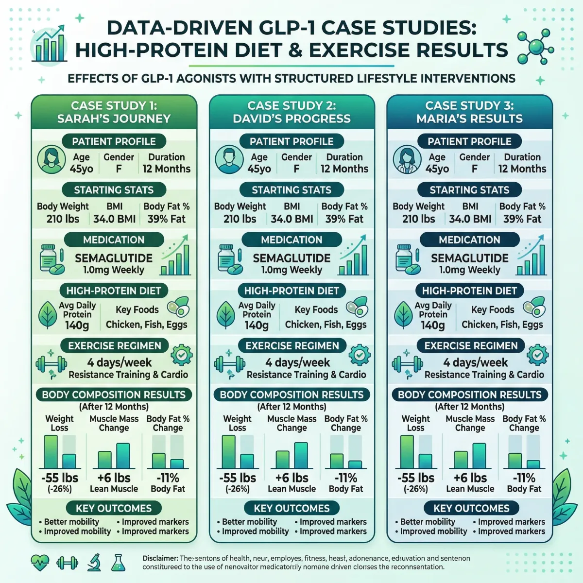 Infographic showing three case studies where patients preserved lean mass through exercise and protein while taking GLP-1 medications