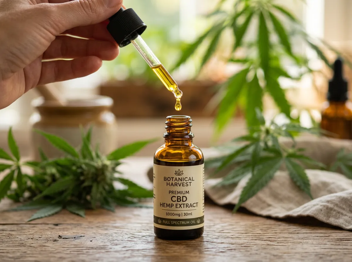 Close-up photograph of a CBD hemp extract oil dropper releasing a golden drop into an amber bottle