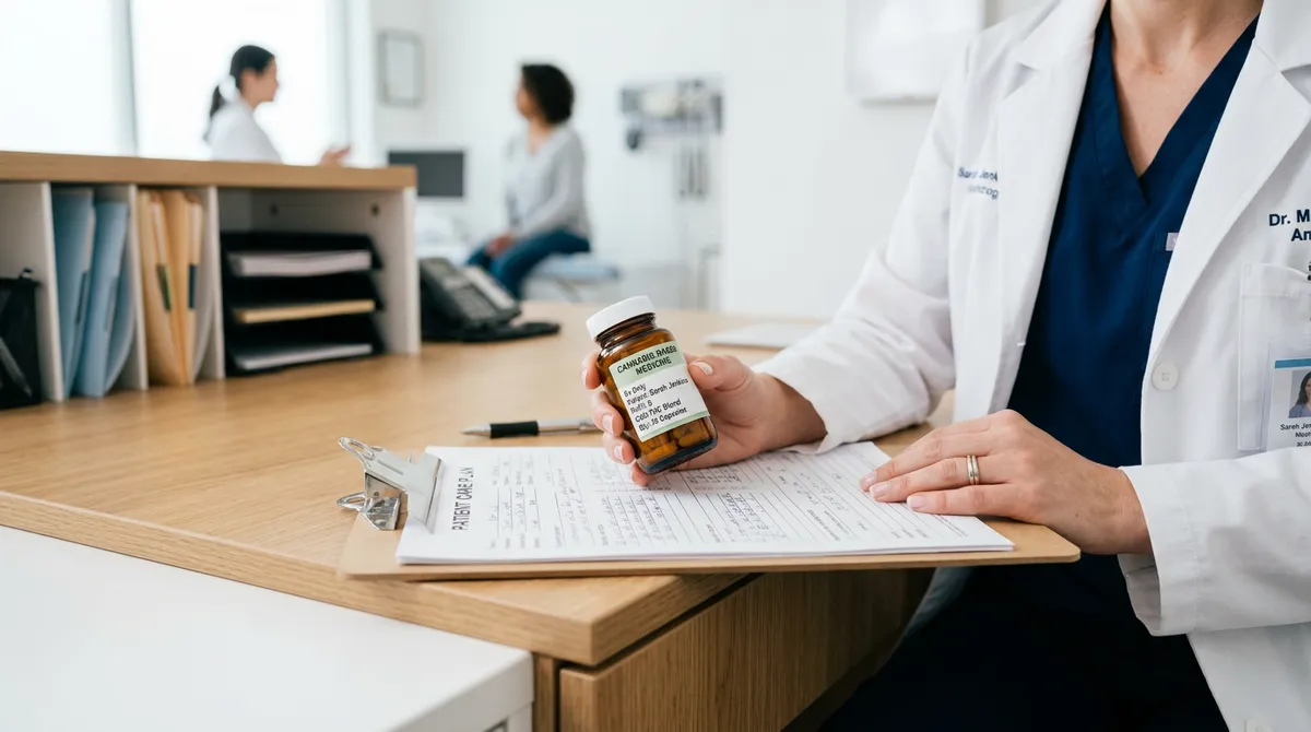 Healthcare professional holding cannabis-based medicine prescription in a modern clinical setting