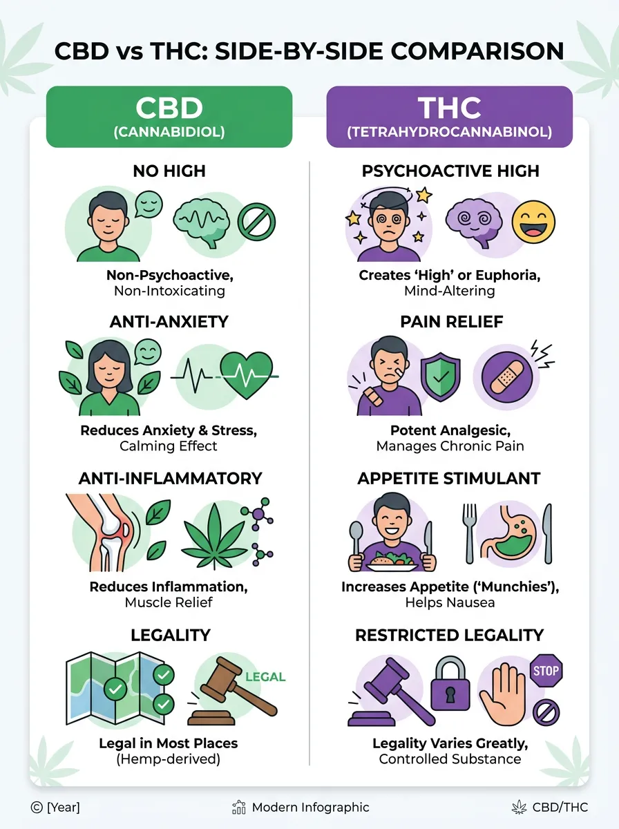 Infographic comparing CBD and THC side by side - effects, benefits, legality, and medical uses at a glance