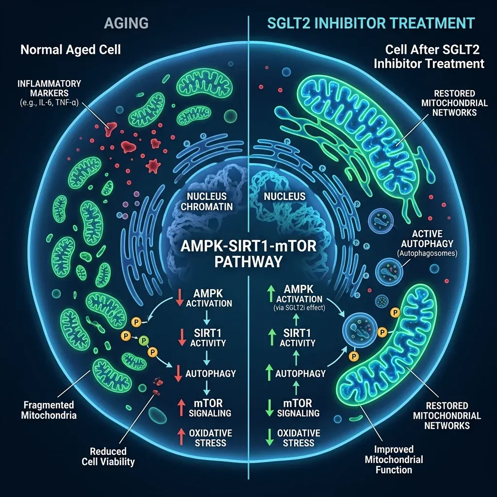 Scientific illustration comparing cellular pathways in aged cells before and after SGLT2 inhibitor treatment showing restored mitochondrial health