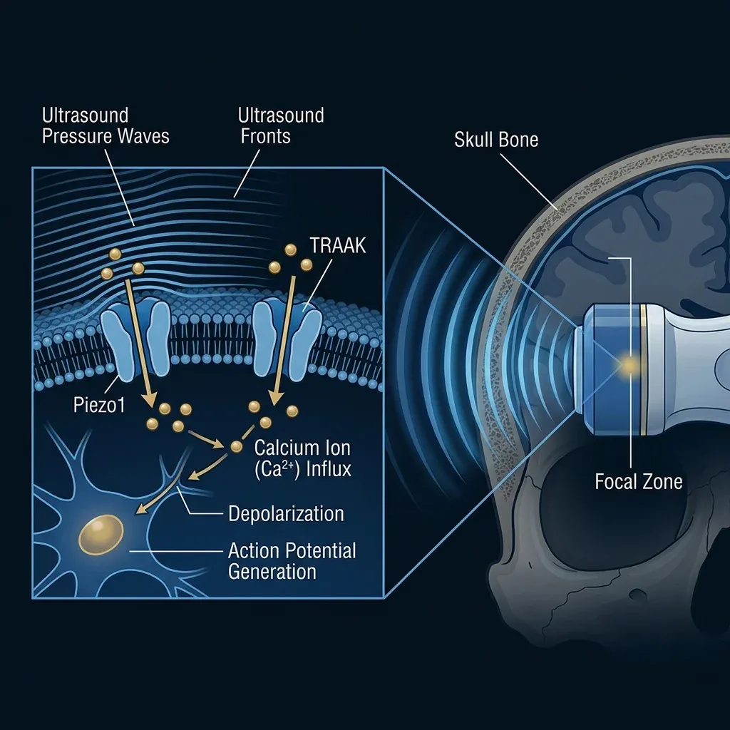 How focused ultrasound activates mechanosensitive ion channels on neuron membranes to modulate brain activity