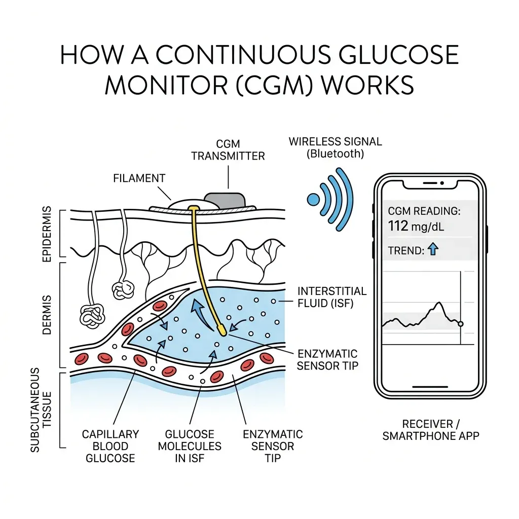 Diagram showing how a CGM sensor filament sits beneath the skin to measure glucose in interstitial fluid