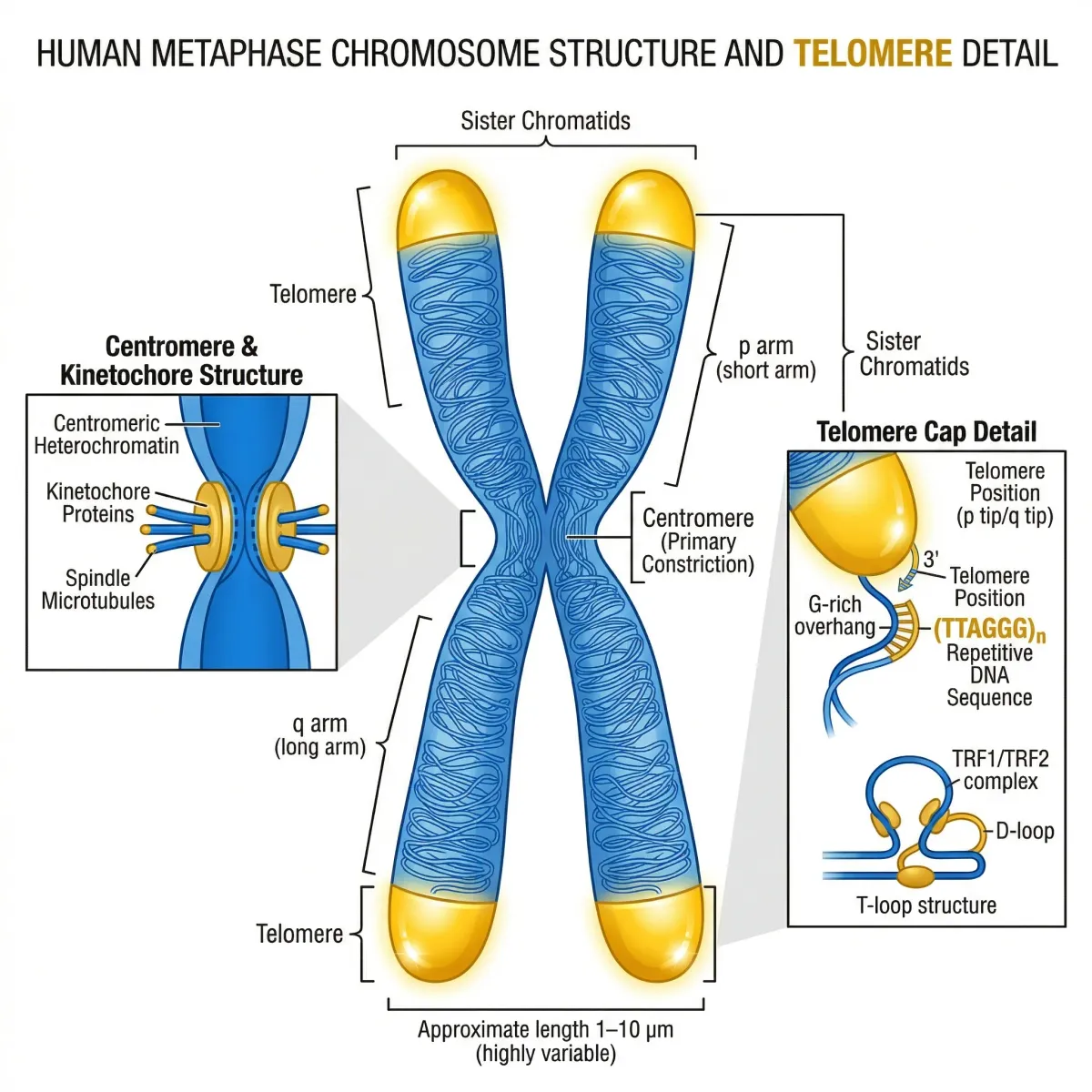 Diagram showing chromosome structure with telomere caps highlighted at both ends