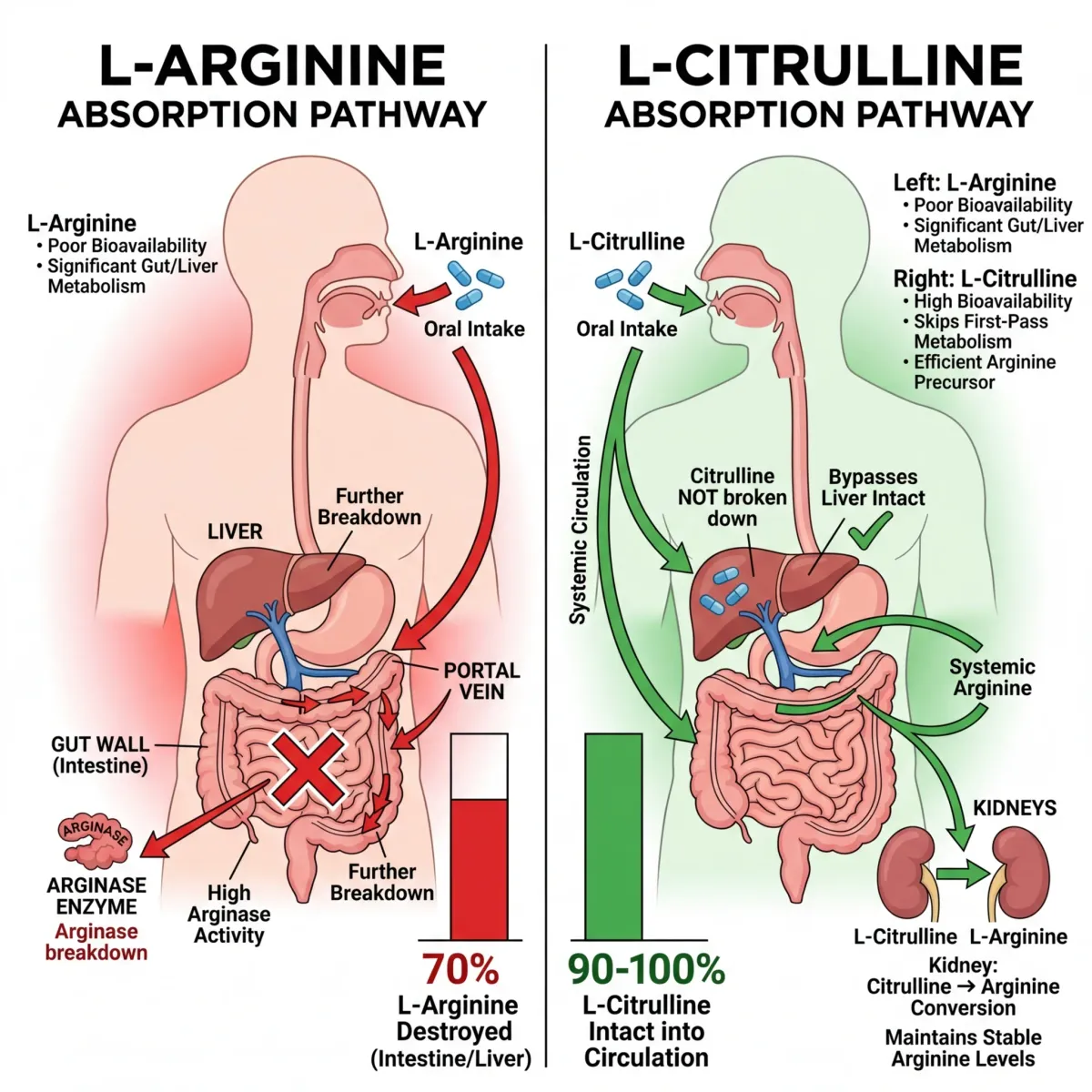 Side-by-side comparison infographic showing citrulline and arginine absorption pathways through the digestive system