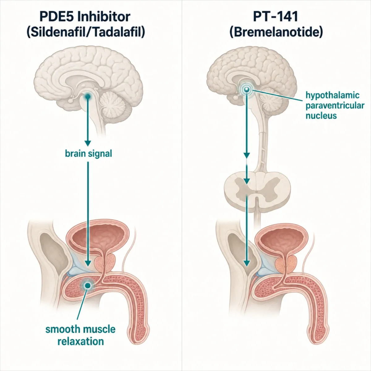 Clean editorial infographic showing two side-by-side schematic anatomical illustrations with arrows: left panel labeled "PDE5 Inhibitor (Sildenafil/Tadalafil)" with the action site