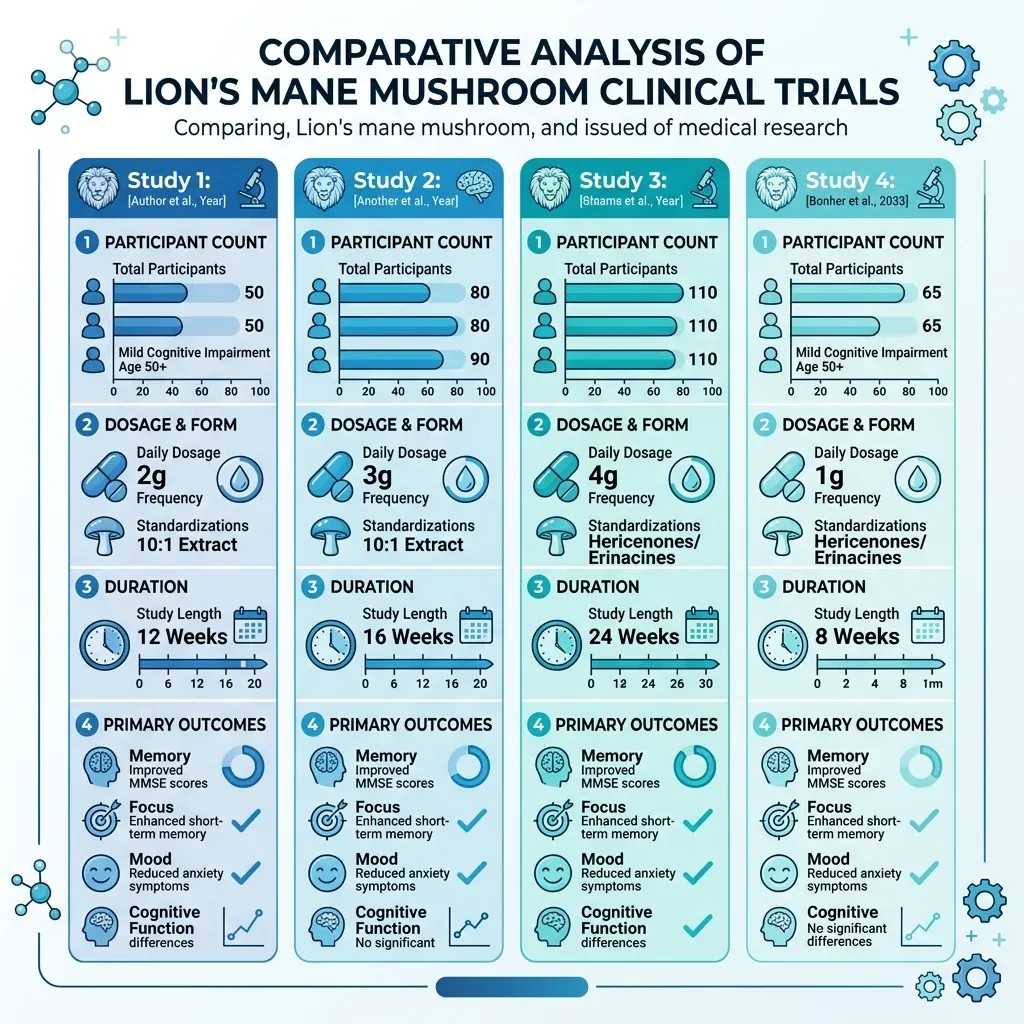 Comparison chart of lion's mane clinical trial results showing cognitive improvements across different studies
