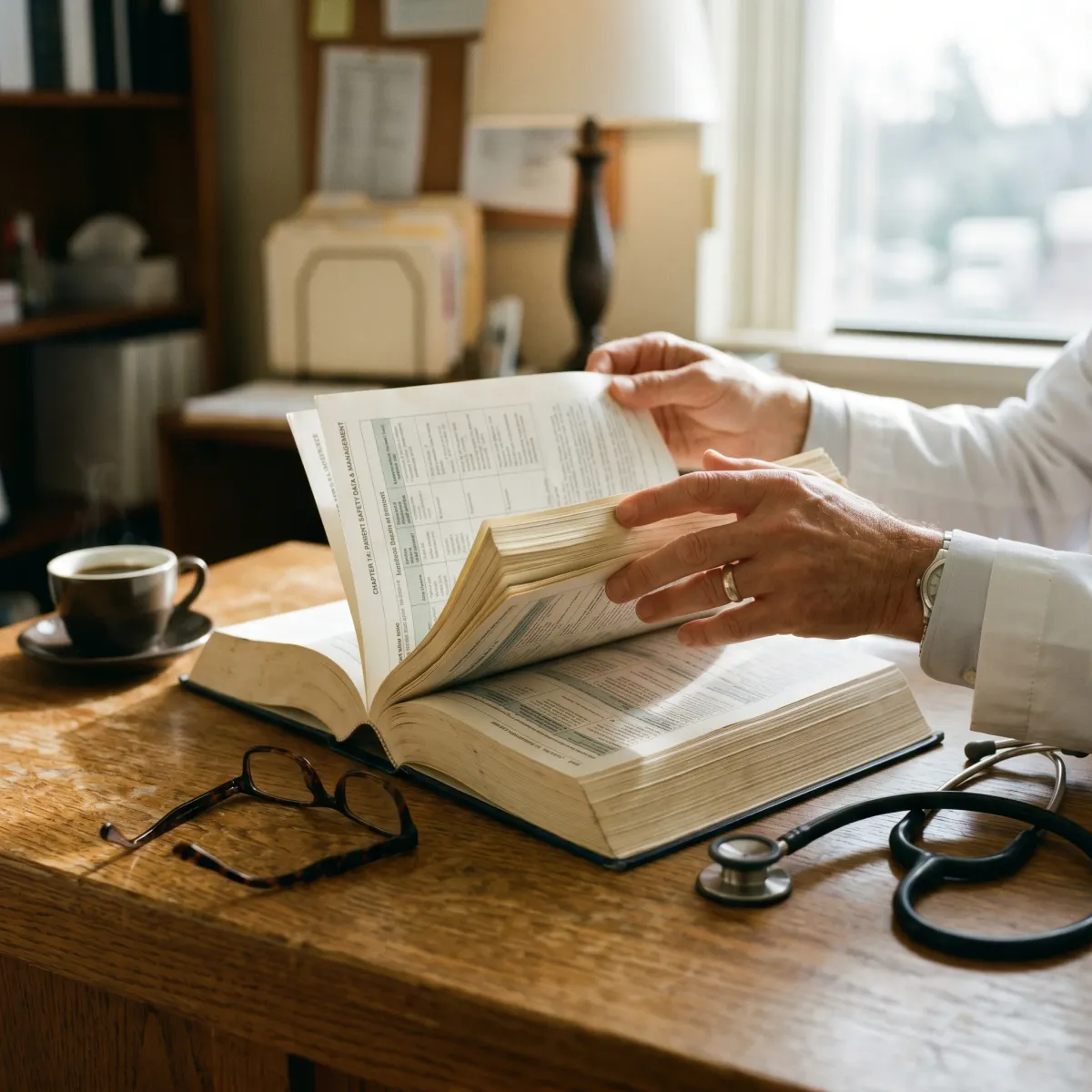 Clinician reviewing GLP-1 safety reference tables, illustrating careful prescribing decisions for weight loss peptides