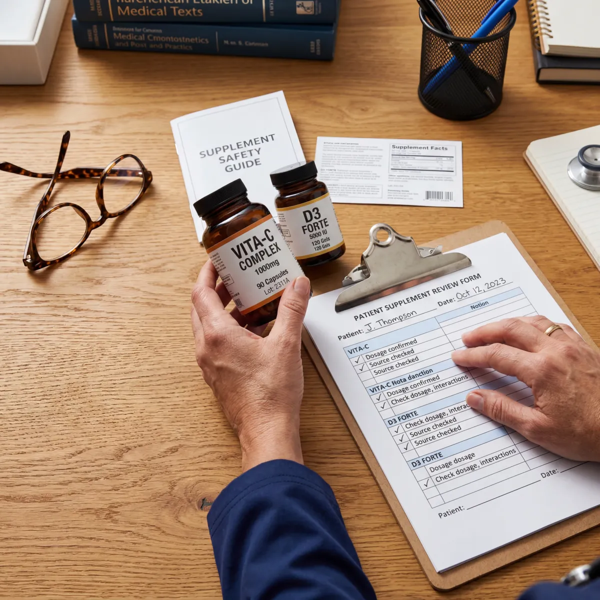 Medical professional reviewing supplement labels and safety documentation in a clinical setting