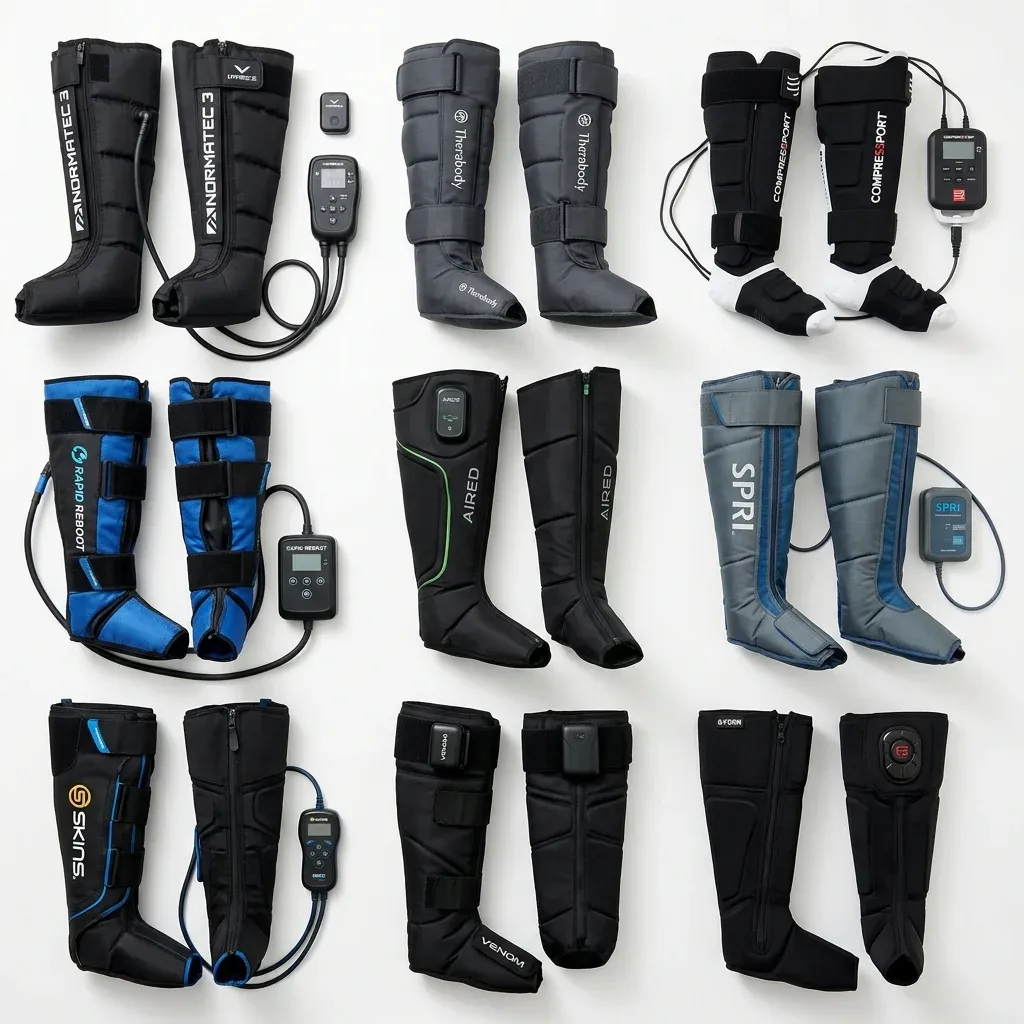 Comparison of multiple compression boot models arranged for side-by-side comparison