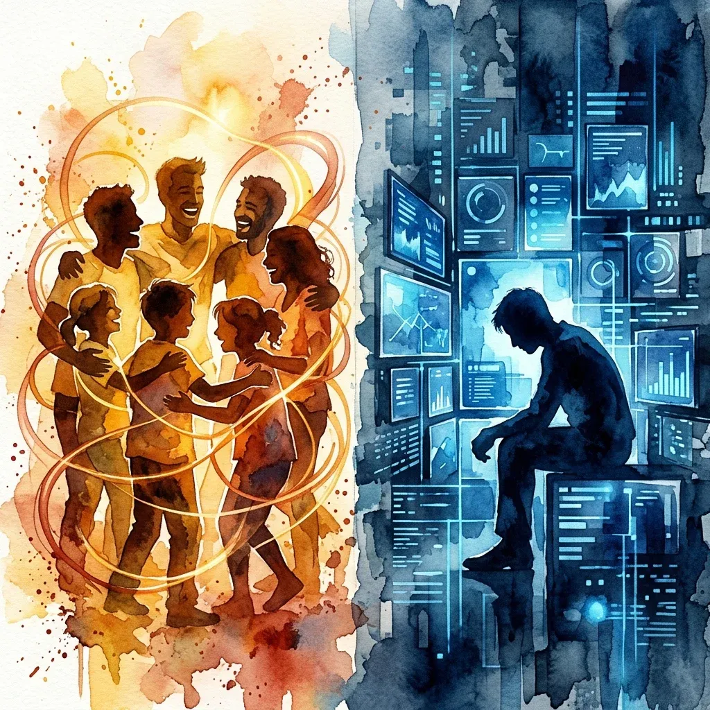 Visual contrast between warm human social connection and cold digital isolation