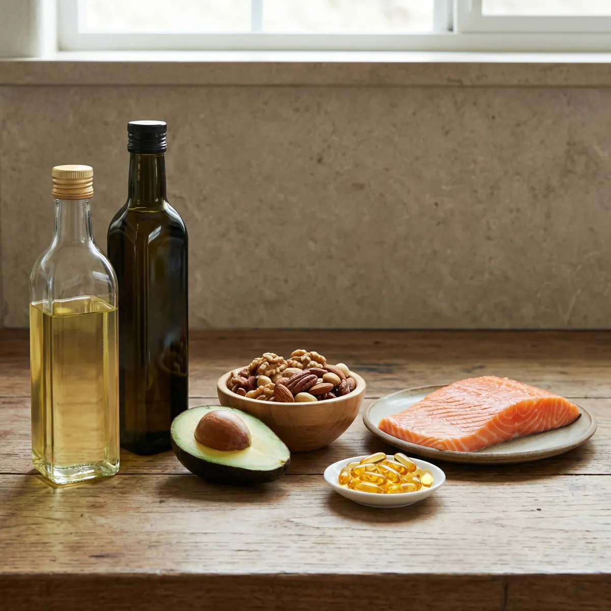 Open supplement bottle beside safflower seeds, salmon, avocado, and olive oil to compare CLA products with whole-food fat sources