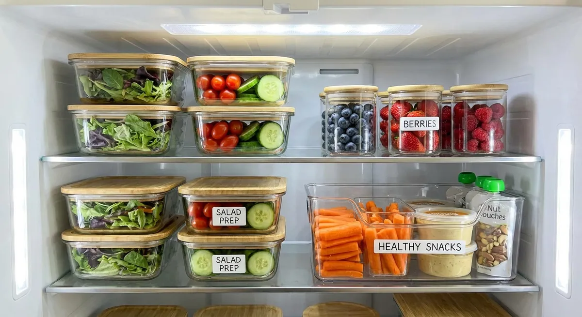 Close-up of a refrigerator shelf at eye level featuring organized glass containers filled with salads, berries, and healthy snacks.