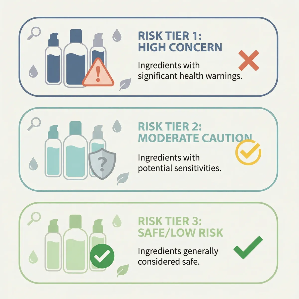 Infographic showing cosmetic ingredient risk tiers and safer selection strategy