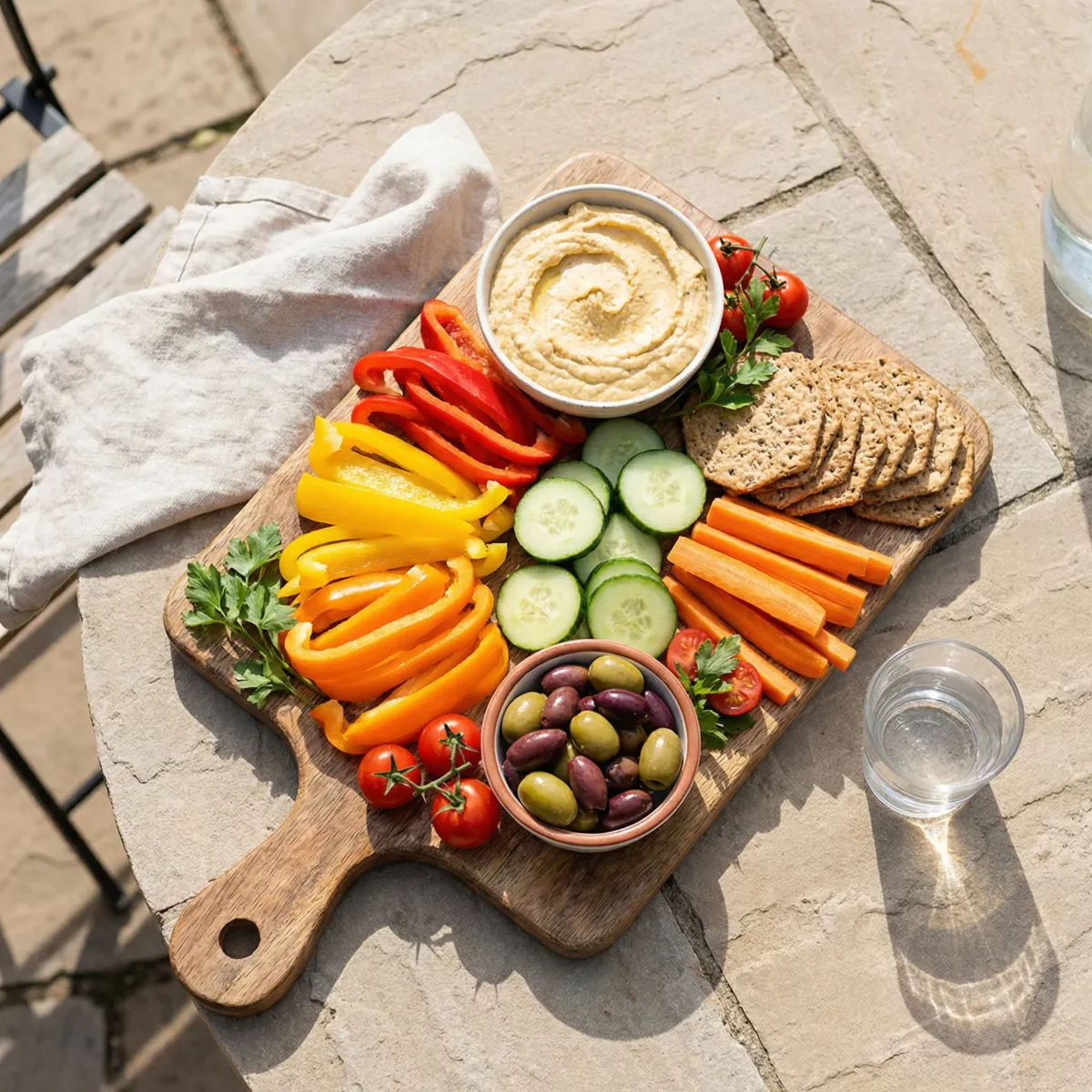 Balanced snack platter with hummus, cucumbers, carrots, whole-grain crackers, and olives