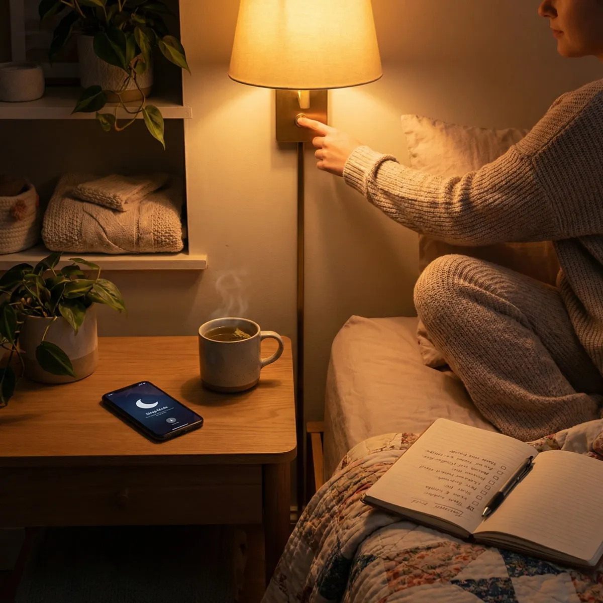 Evening routine with dim lighting, phone in sleep mode, tea, and habit journal on a bedside table