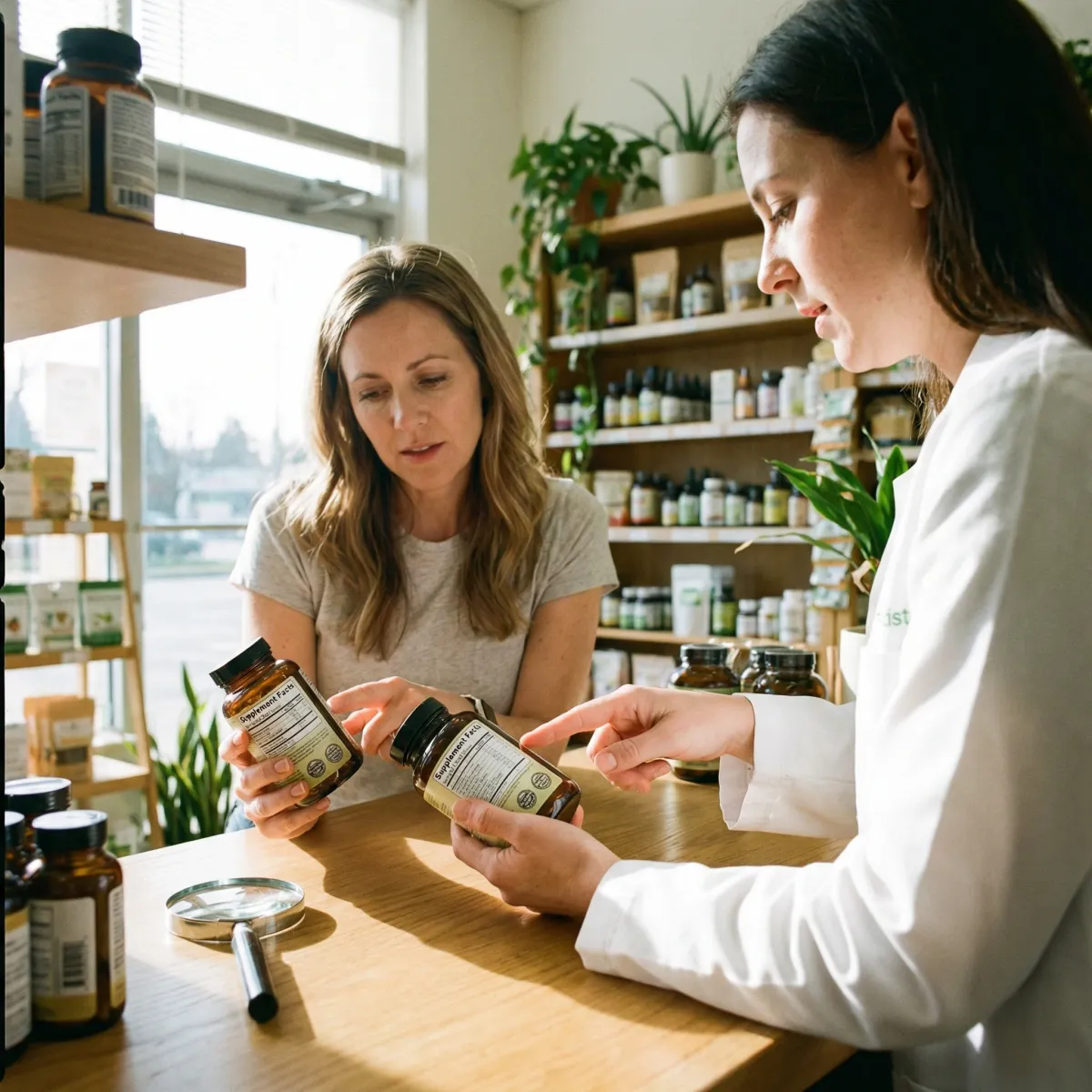 Consumer reviewing probiotic supplement labels with a pharmacist to choose a strain-specific option