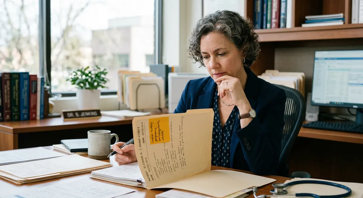 Physician at a desk reviewing exclusion criteria for BPC-157 patient candidacy