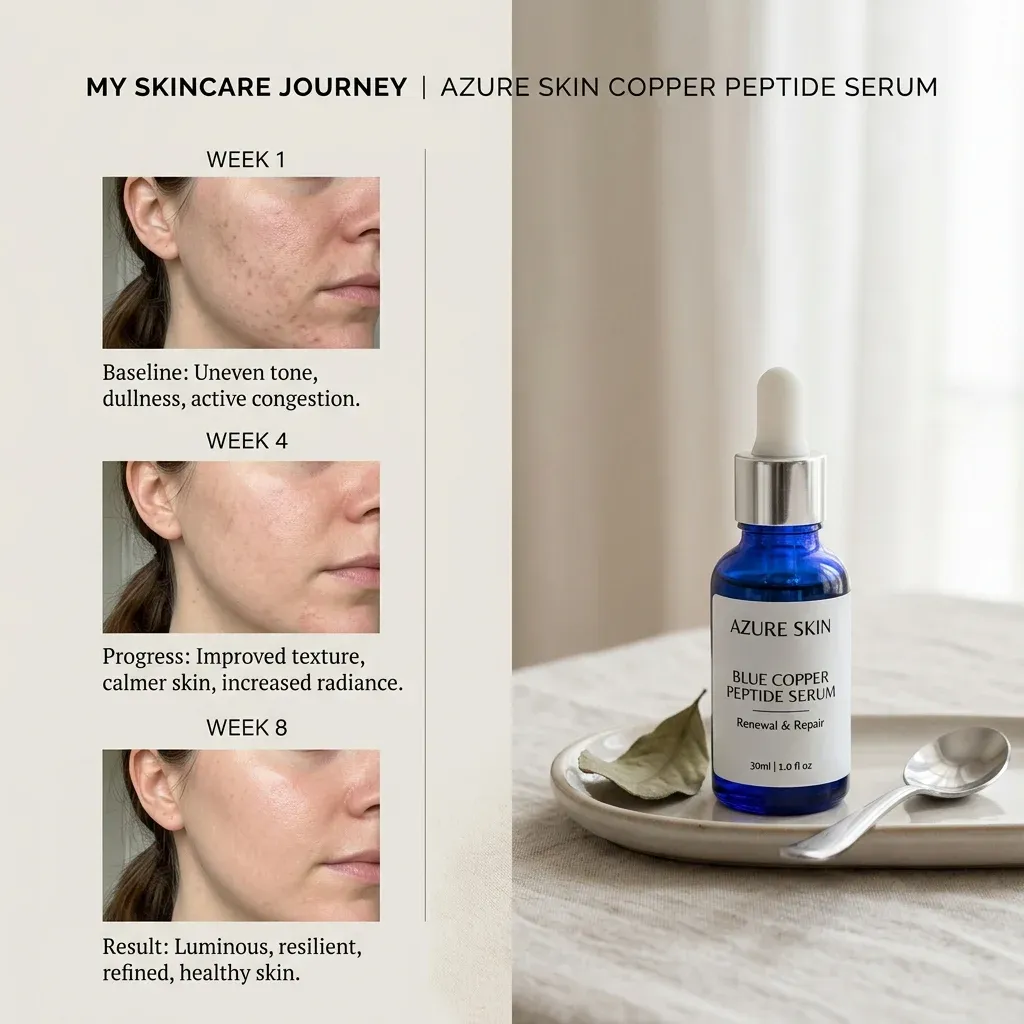 Skincare progress timeline for testing a copper peptide serum