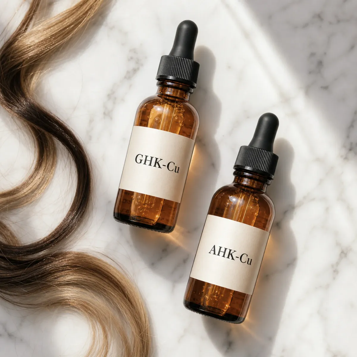 Two copper peptide hair serum bottles representing GHK-Cu and AHK-Cu formulations