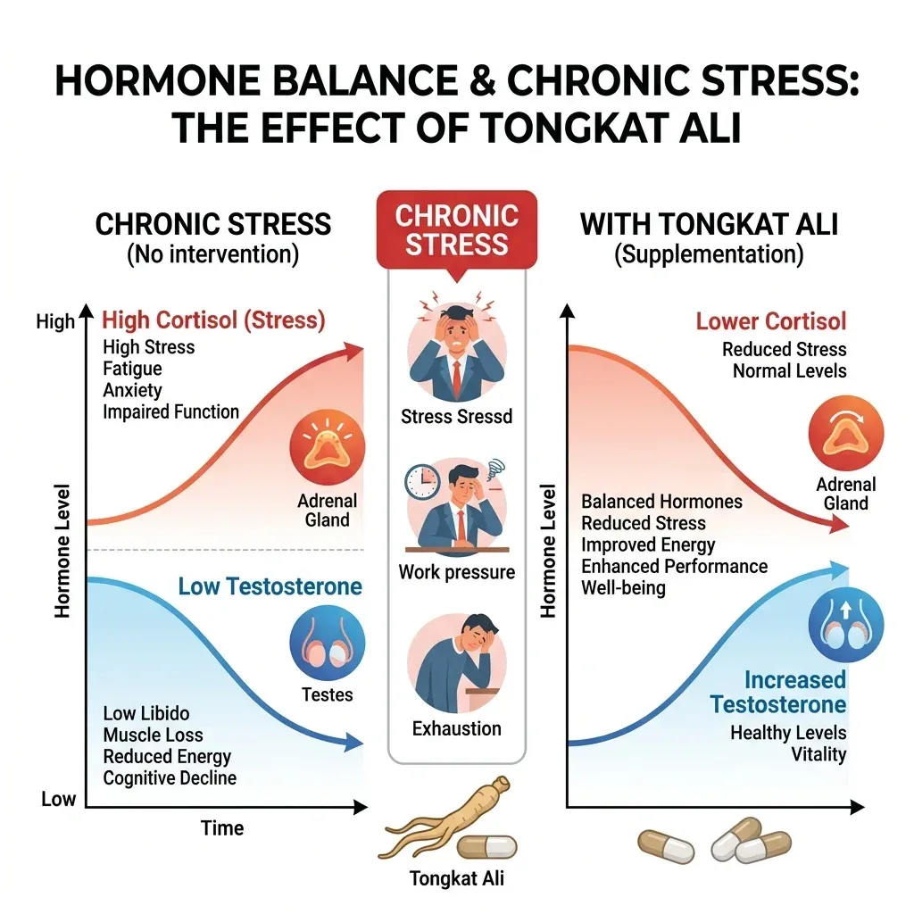 Infographic showing the inverse relationship between cortisol and testosterone under chronic stress and how tongkat ali may shift the balance