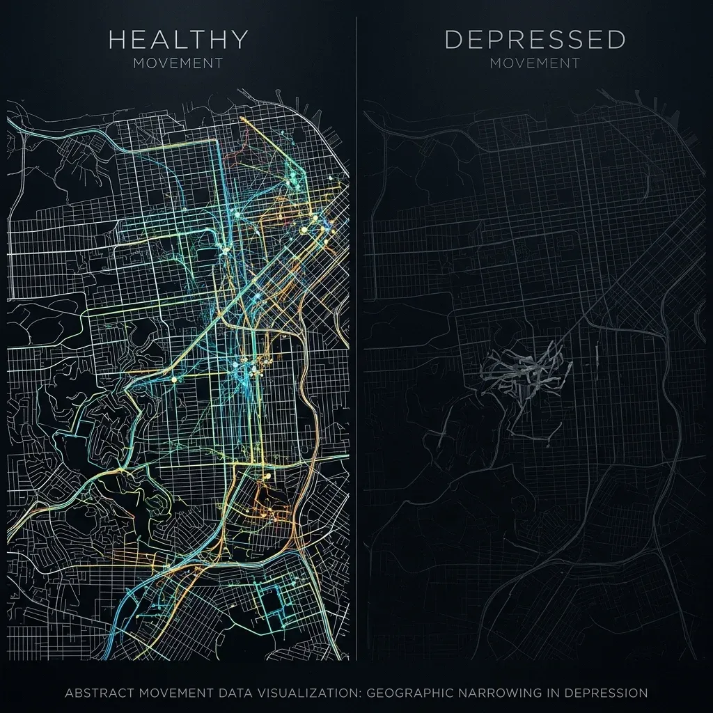 Contrasting movement pattern visualizations showing expansive healthy patterns versus restricted depressive movement patterns