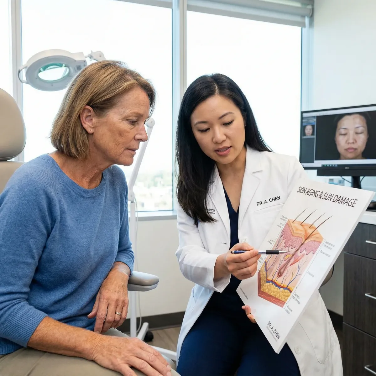 Dermatologist discussing wrinkle treatment options and sun-damage assessment with a patient