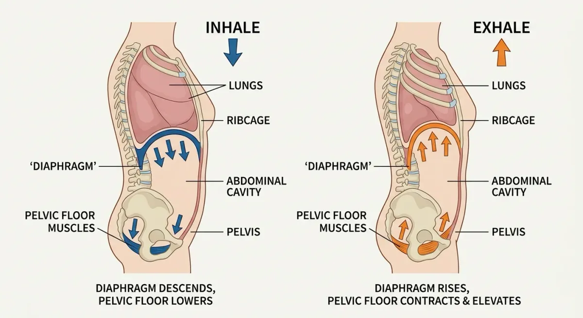 Anatomical cross-section showing the coordinated movement of the diaphragm and pelvic floor during breathing cycles