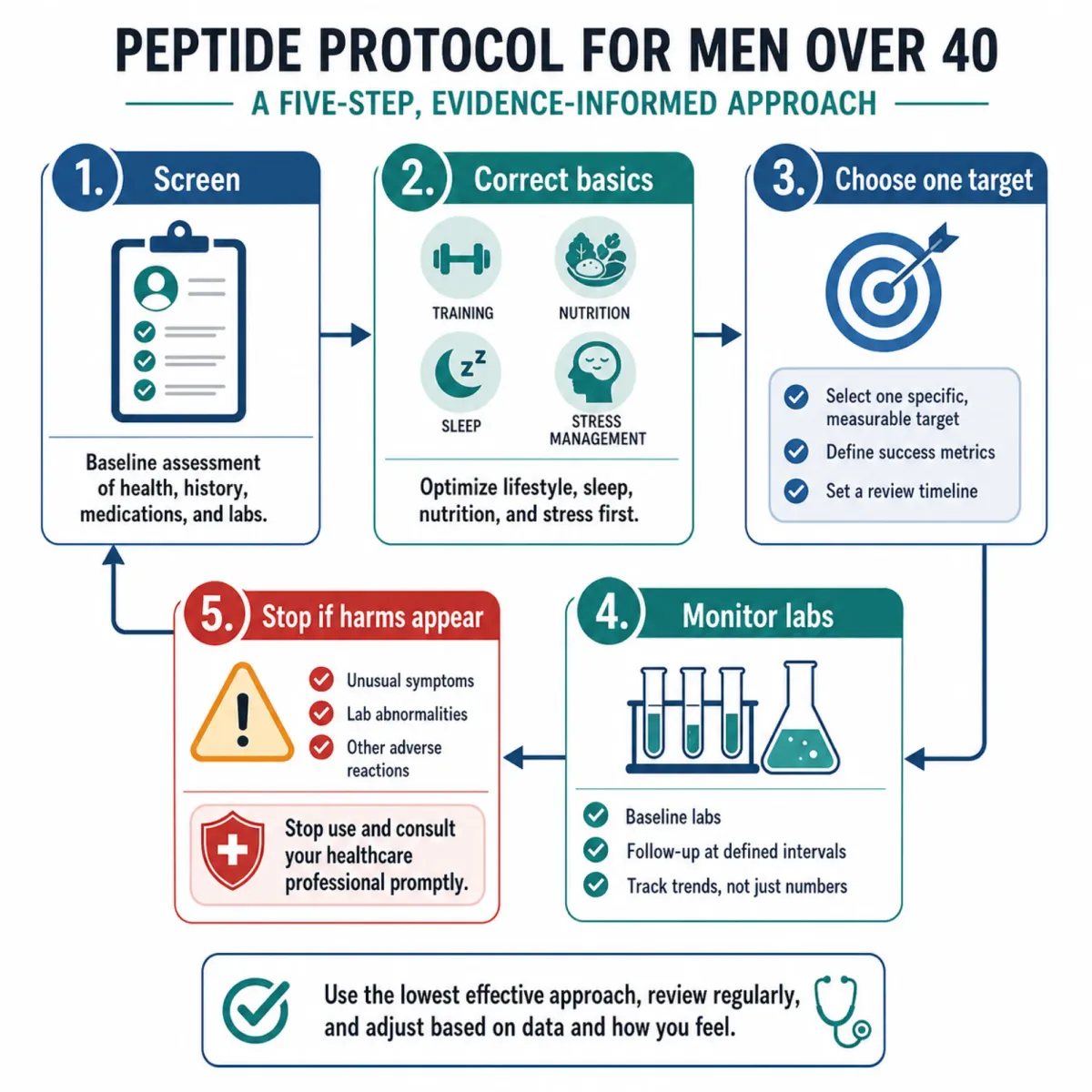 Conservative peptide protocol flowchart for men over 40